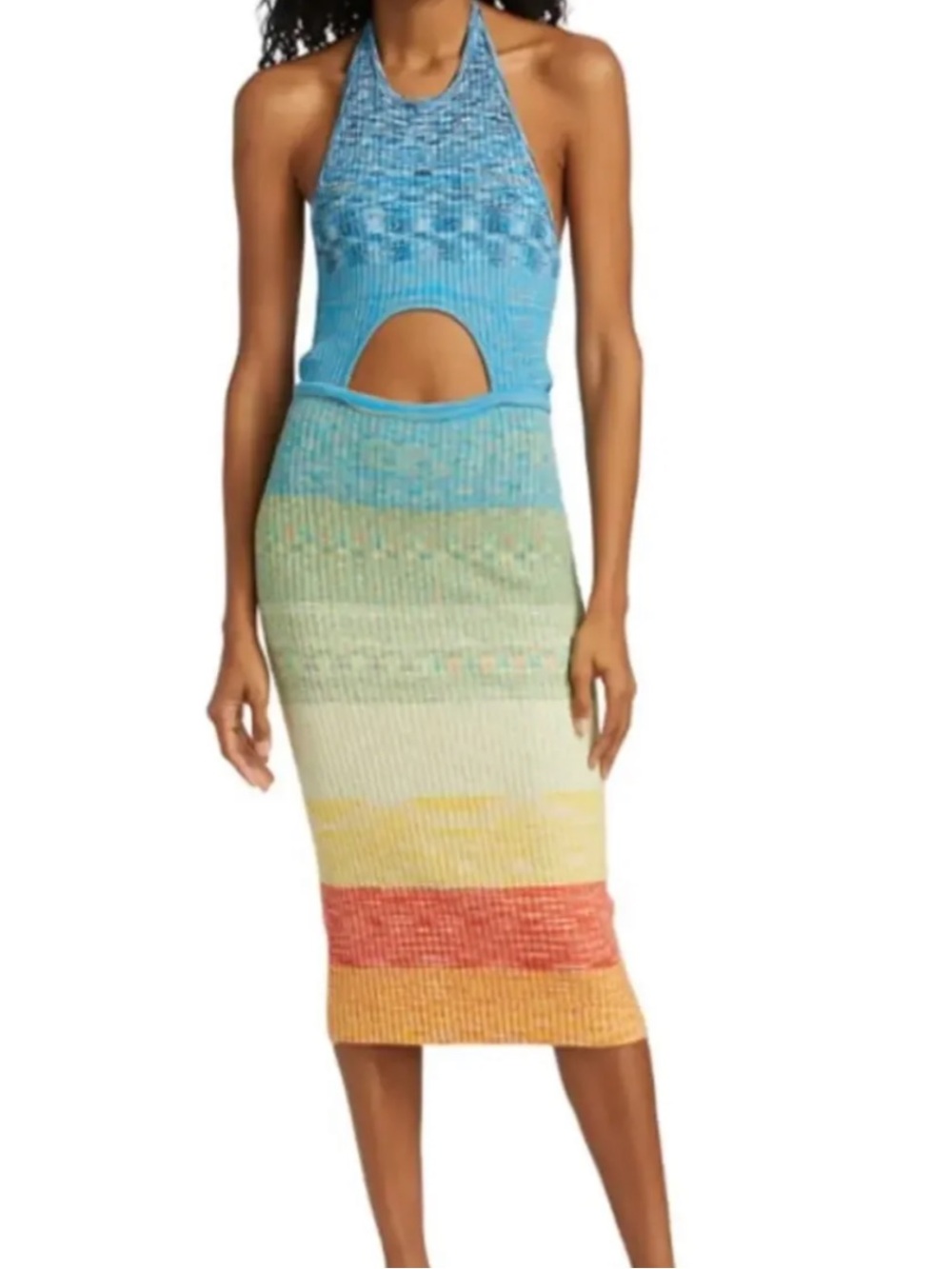 STAUD Edesia Rainbow Ribbed Knit Cut-Out Halter Midi Dress M